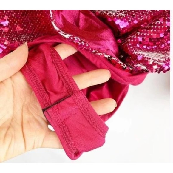 En Saison Womens Size L Bastienne Pink Sequin Bodysuit puffed-sleeve NEW - Picture 4 of 7